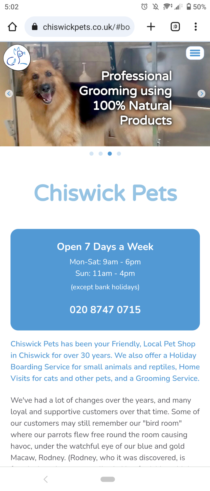 Chiswick Pet's homepage on a mobile screen, with a large blue box containing contact details and opening hours prominently in the middle of the page