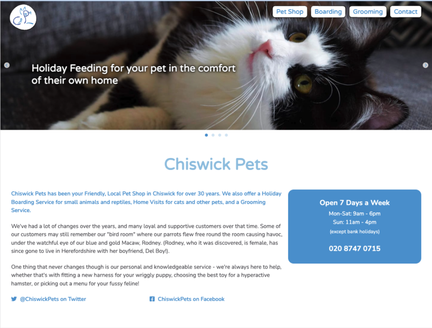Homepage of Chiswick Pet's website.  Opening hours and contact details are displayed in a blue box on the right of the page