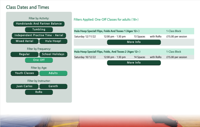 Tuyo classes page showing one-off adult classes